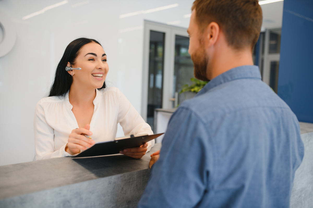 Excellent service. Nice friendly woman talking to the client while standing at the reception.